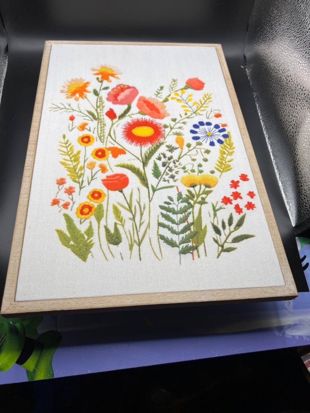 Embroidered Floral Wall Art Wooden Frame Botanical Boho Cottagecore 17”x11.5”